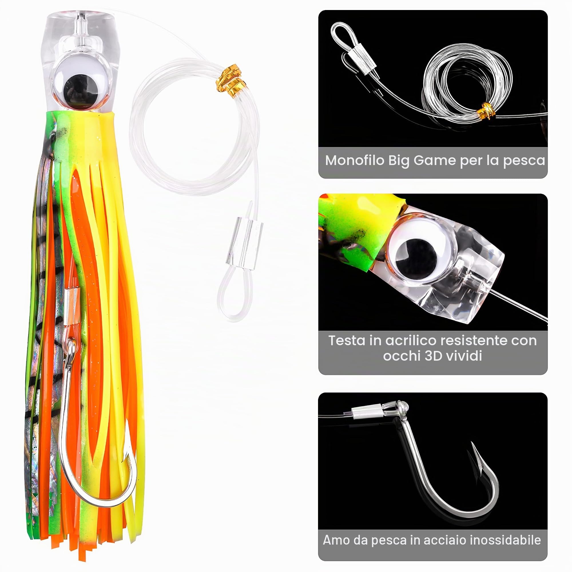 Esche da Traina per la Pesca in Acqua Salata, 5pezzi Offshore Esche da traino Big Game Saltwater per Mahi Tuna Marlin Dolphin Wahoo Esche da Pesca D'altura Polpo Gonne di Calamari Ganci Rigati