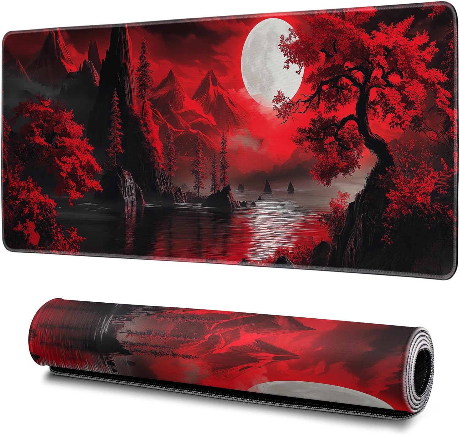 Darkness Red Moon Mouse Pad Abstract Red Mouse Pad 31.5x11.8 Inch Geometric T...