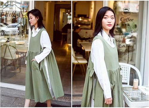 Miniatura 4 de Delantal con pechera de cintura ajustable, delantal de mezcla de algodón suave con bolsillos (verde claro)