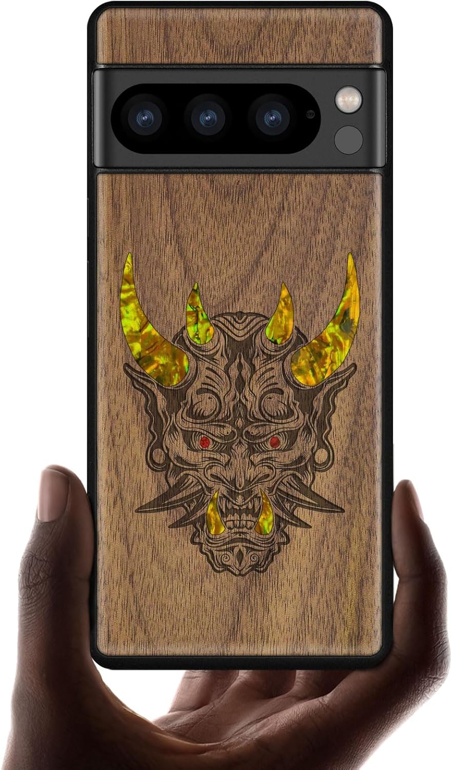 Carveit Designer Wooden Case for Google Pixel 8 Pro Case Cover [Wood Engraving & Shell Inlay] Compatible with Wireless Chargers Pixel 8 Pro (Japanese Oni Mask-Blackwood)