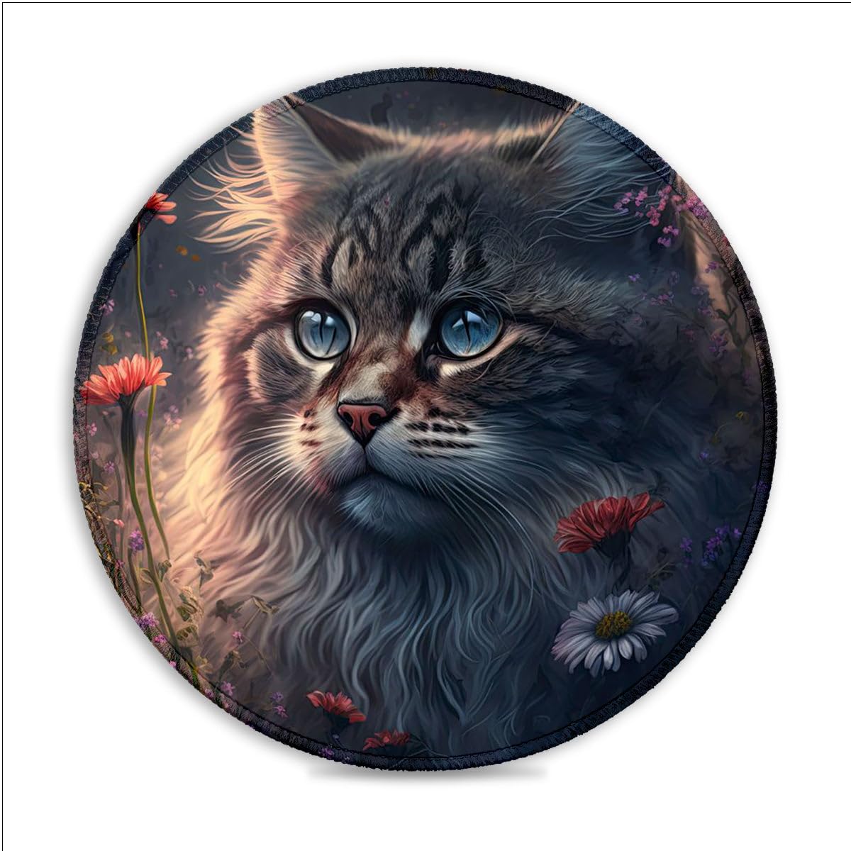Alfombrilla de ratón con diseño de gato en flores (20 x 20 cm) para juegos, alfombrilla de ratón redonda de tela SU con costuras antideshilachado y base de goma para control de precisión para juegos y