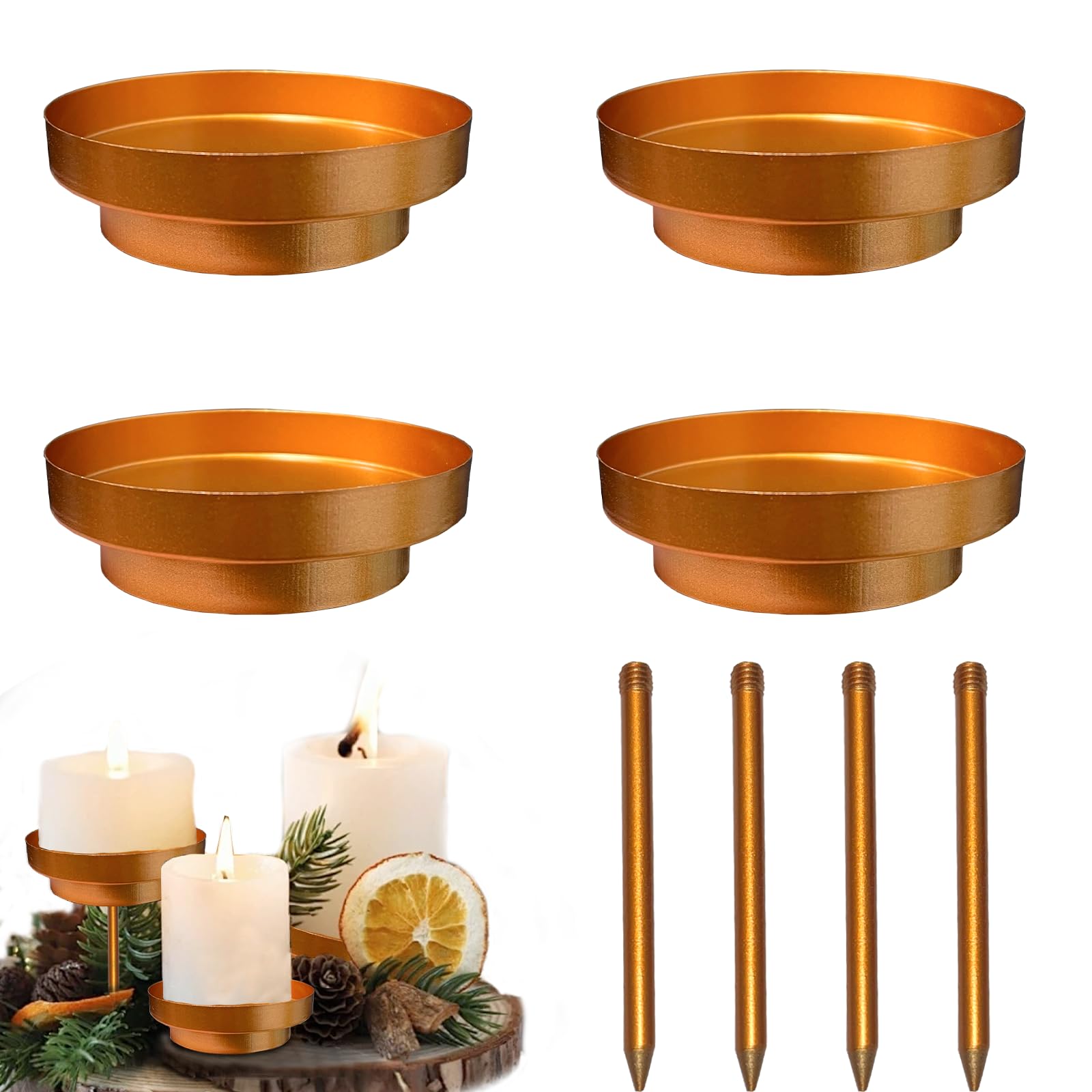 Kerzenhalter Adventskranz 8 cm Kerzenteller Metall,2 In 1kerzenhalter Mit Dorn Abnehmbar,Kerzenständer Gold Kerzenstecker Adventskranz Basteln 4er Set Stumpenkerzenhalter Teelichthalter