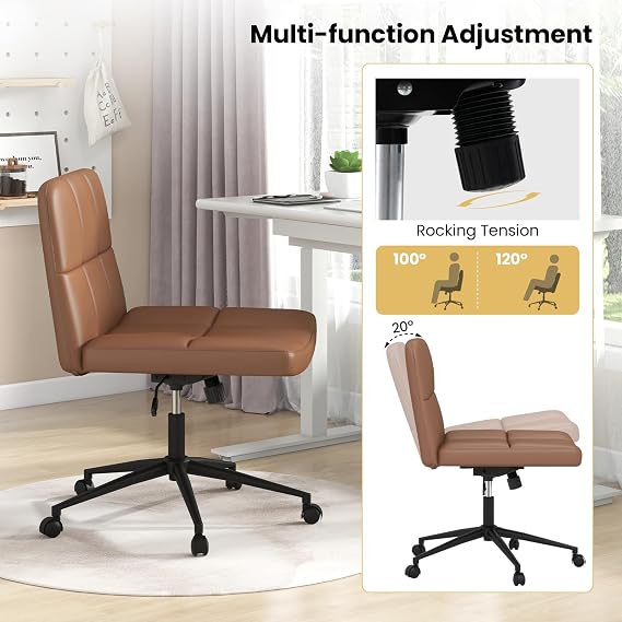 Giantex Criss Cross Chair with Wheels, PU Leather Cross Legged Office Chair, Height-Adjustable Swivel Vanity Chair with U-Shaped Seat, Armless Wide Desk Chair for Home, Office, Make Up, Brown