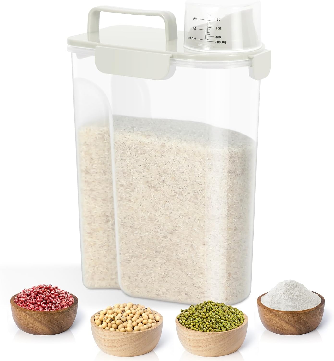 TBMax Airtight Rice Container 10 Lbs, Cereal Dispenser, Pet Cat Dog Food Storage Container, Plastic Kitchen Pantry Food Storage Holder with Cup -Beige