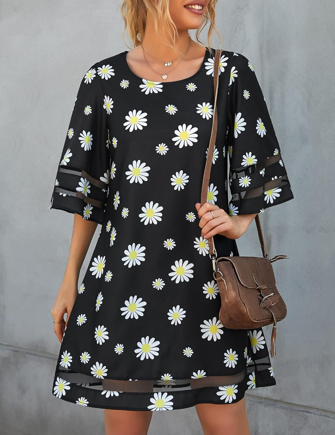 LookbookStore Women Casual Crewneck Mesh Panel 3/4 Bell Sleeve Loose Tunic Dress - Image 5