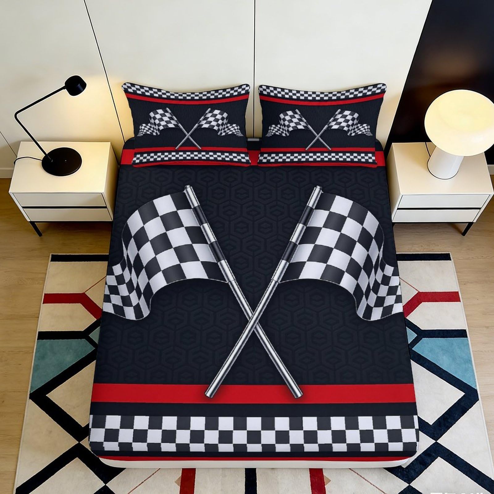 3D Printed Racing Checkered Flag Fitted Sheet Microfiber Soft Breathable Crossed Flags Bed Cover for Bedroom Dormitory Guest Room Mattress Protection Decor 120x200x25cm