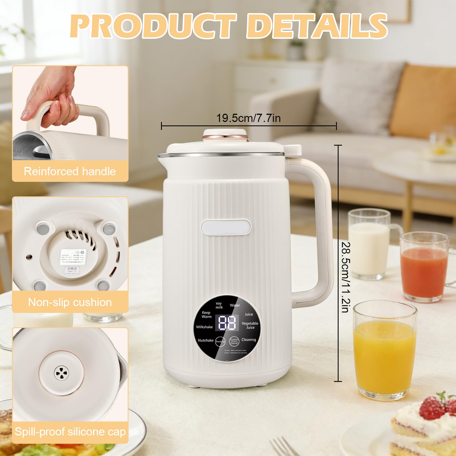 Máquina de Leche Vegetal 8 en 1, 1.2L con Autolimpieza, Temporizador - Elabora Leche de Avena, Almendra, Soja, Frutos Secos y Zumos (Blanco)