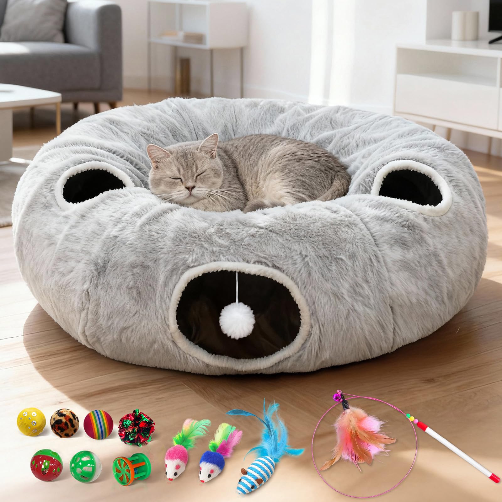 Fayavoo 3 Way Fluffy Cat Tunnel Bed Collapsible Plush Gray Cat Cave with Hanging Balls Washable Tunnel for Indoor Cats Kittens and Rabbits