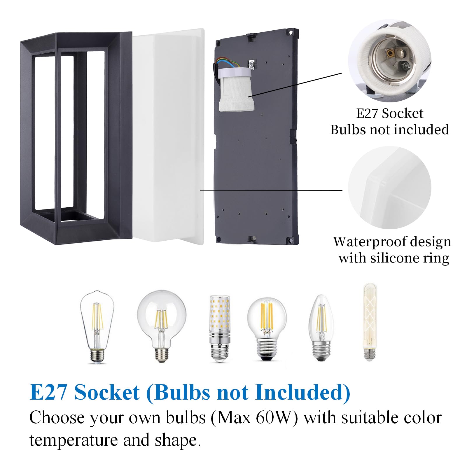 Klighten Applique da Parete E27 Esterno Interno, Max 60W, Luci da Parete Impermeabile IP65 Lampade da Parete Moderno per Ingresso Terrazza Corridoio, PC + Alluminio, Lampadina non Inclusa, Antracite | alluminio + PC, IP65 impermeabile, lampada da parete p