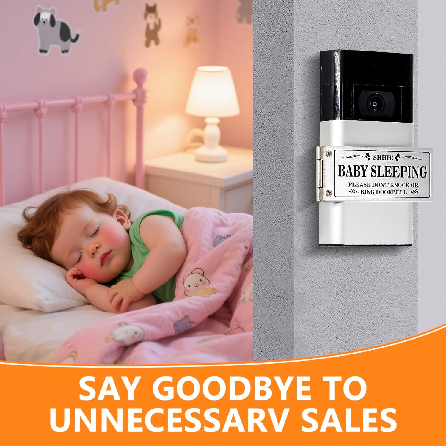 Baby Sleeping Don‘t Knock or Ring Doorbell，Rotatable No Soliciting Doorbell Cover. Metal sign for front door/house/Home. Great gift for moms with sleeping babies，Easy to install.，Very effective.