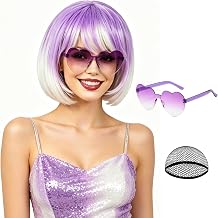 Purple White Ombre Bob Wig with Bangs for Women Men, Colorful Short Funny Bob Wigs with Heart Sunglasses and Hair Cap Colored Cosplay Hairpieces for Halloween Costume Neon Bachelorette Party