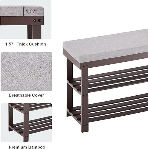 Miniatura 4 de APICIZON Zapatero de 3 niveles para entrada, banco de zapatos de bambú con asiento acolchado cojín, organizador de zapatos pequeño con