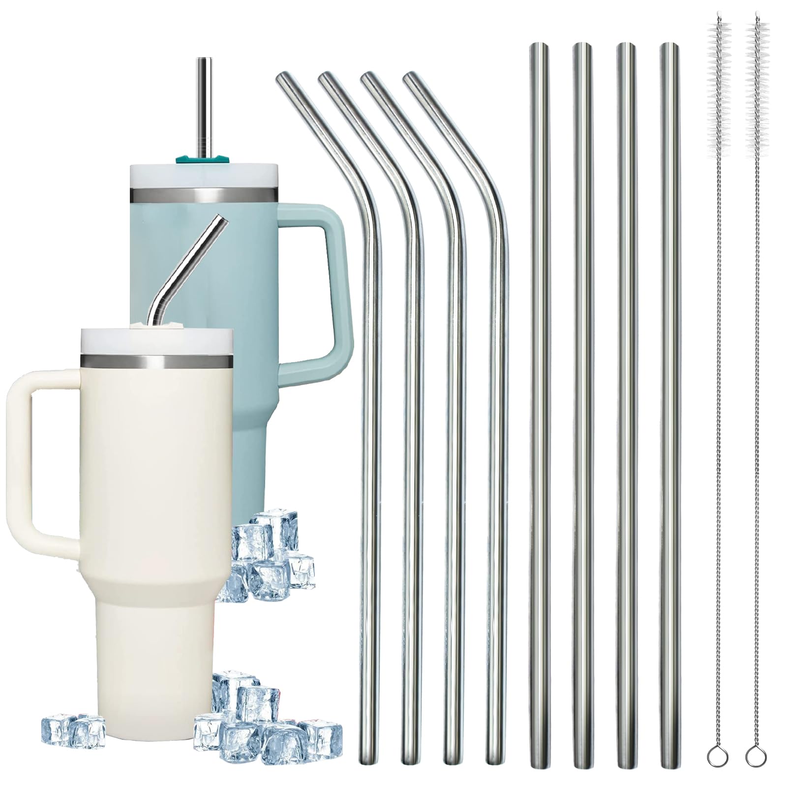 LXBCTOP 8 PCS Metal Straws for Stanley Cup, Reusable Straws Drinking, 4 Bent 4 Straight Stainless Steel Straws with 2 Cleaning Brush, Silver Drinking Straws for Smoothie Milkshake Cocktail HotDrinks