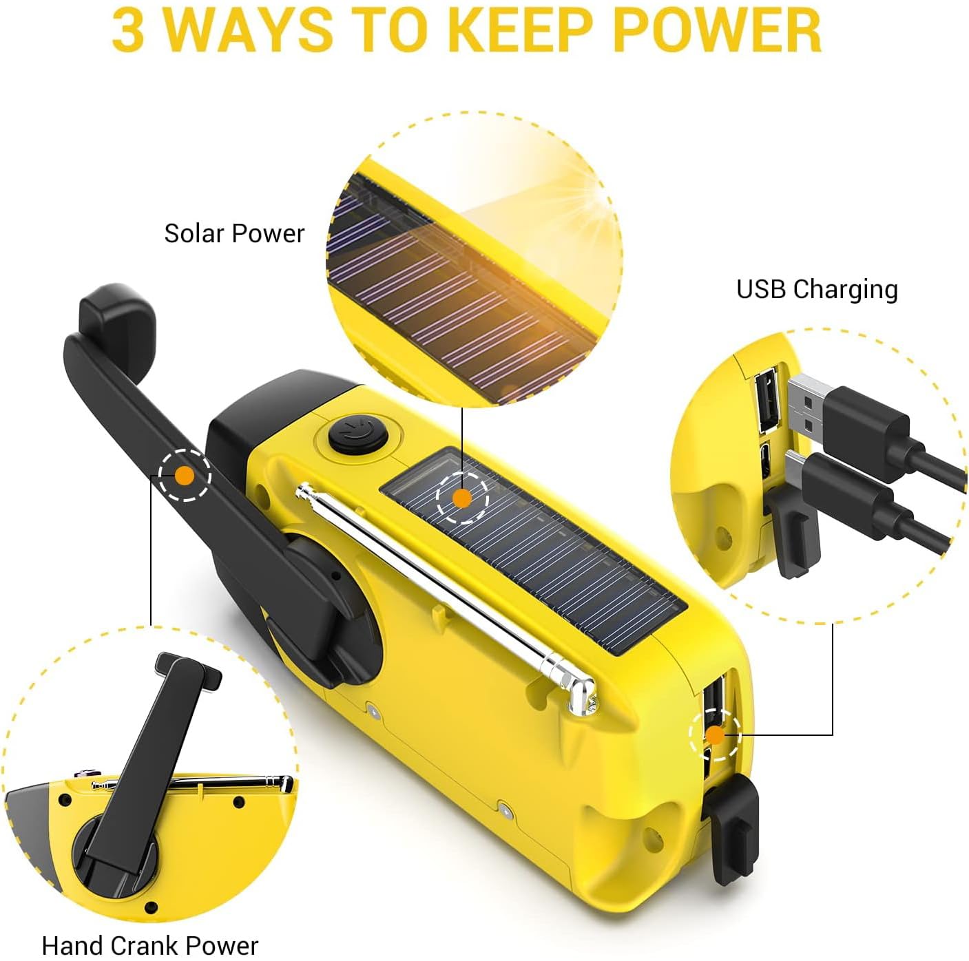 Wind Up Solarne radio awaryjne z alarmem SOS, radio korbowe AM/FM, ładowarka USB do telefonu komórkowego, powerbank 2000 mAh, przenośna latarka na kemping