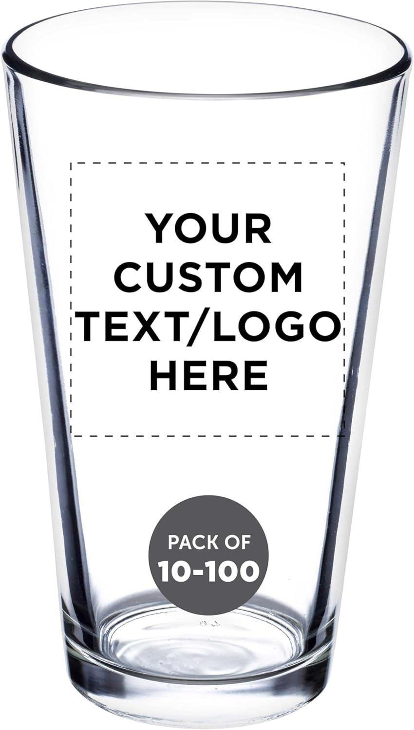 DISCOUNT PROMOS Custom Beer Pint Glasses 16 oz. Set of 10/50/100, Personalized Bulk Pack - Heavy Duty Glassware for Restaurant, Thick Base and Walls, Stackable - Clear