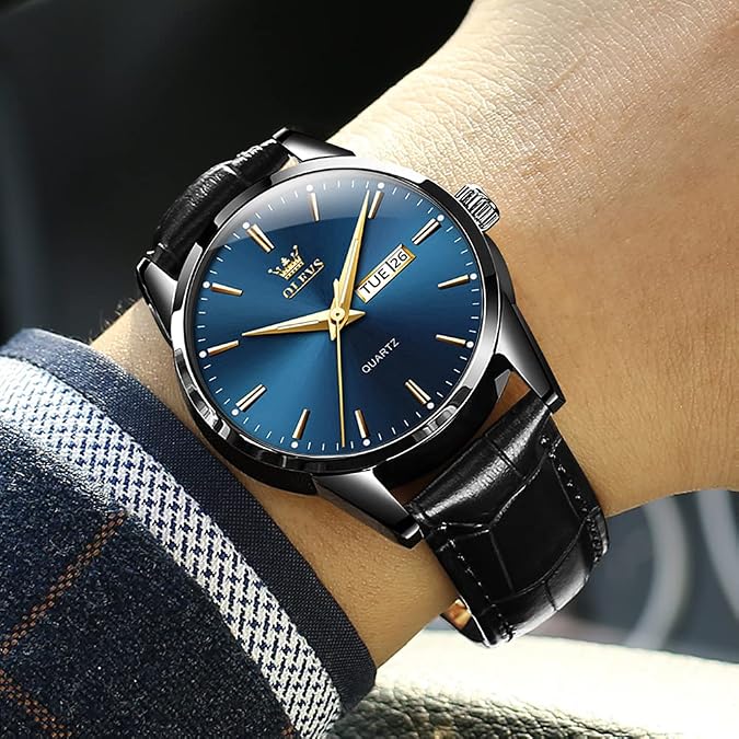 OLEVS Mens Watch Brown Leather Band Dress Watch for Men Quartz Waterproof Men's Wrist Watch 38MM Gold Case Easy to Read Day Date Business Casual Men Watches Gifts for Him Relojes para Hombres