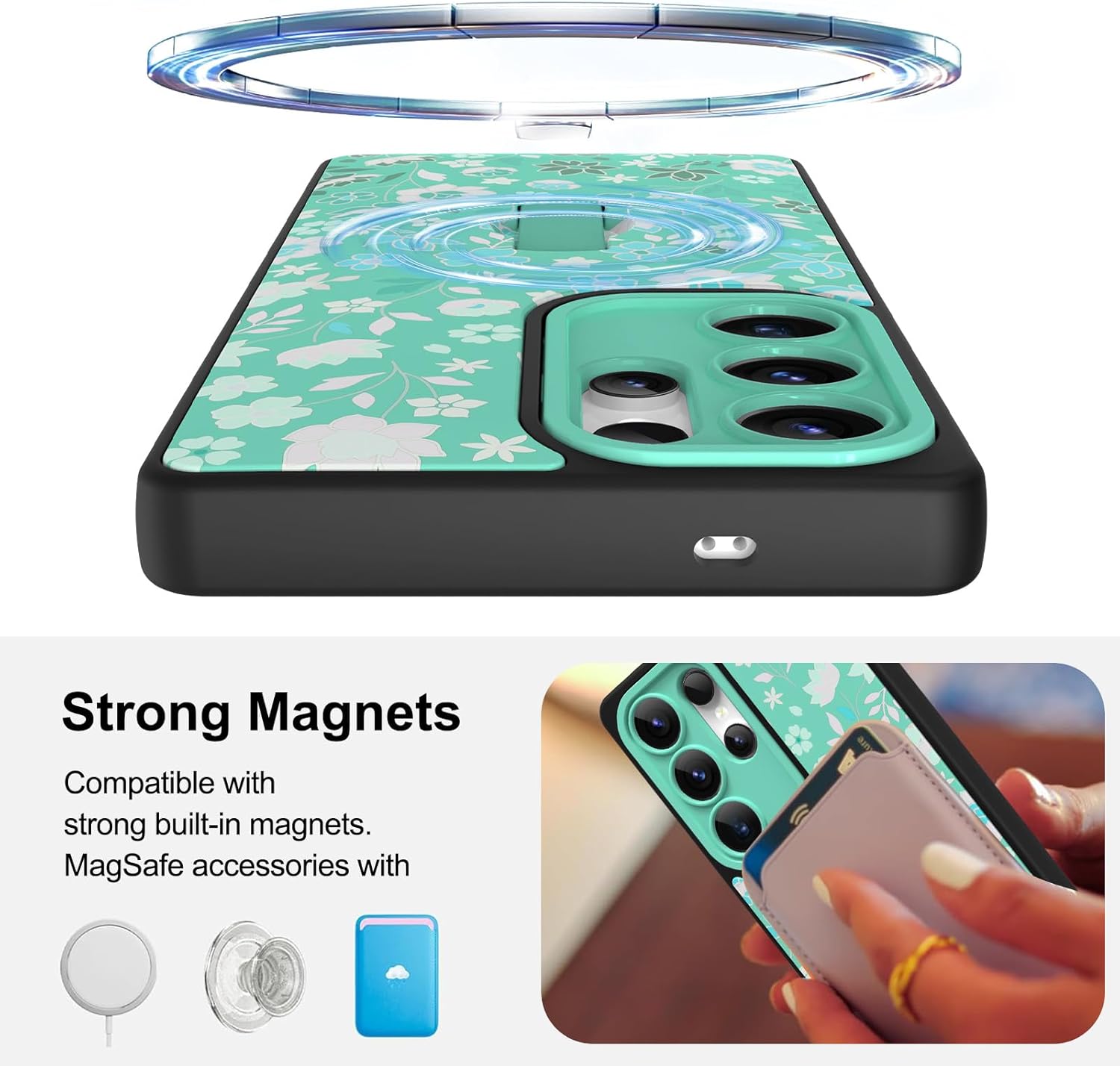 Magnetic for Samsung Galaxy S25 Ultra Case with Finger Strap Stand, Compatible with Magsafe, Trendy Floral Flower Phone Case for Women Men Slim Shockproof Cover for S25 Ultra, Green Flowers - Image 2