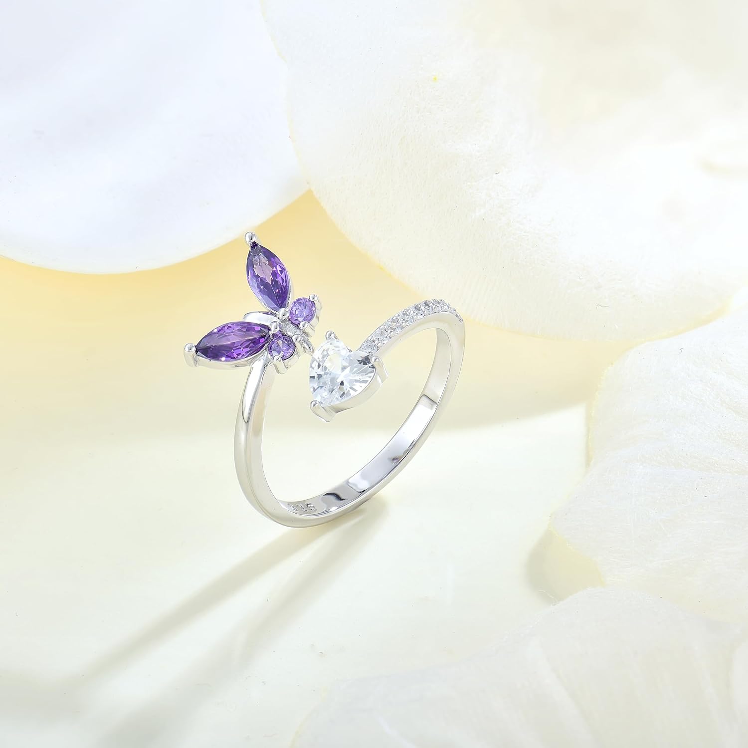 Butterfly Ring 925 Sterling Silver Open Adjustable Bypass Ring Heart Birthtone Jewelry Gift for Women - Image 2