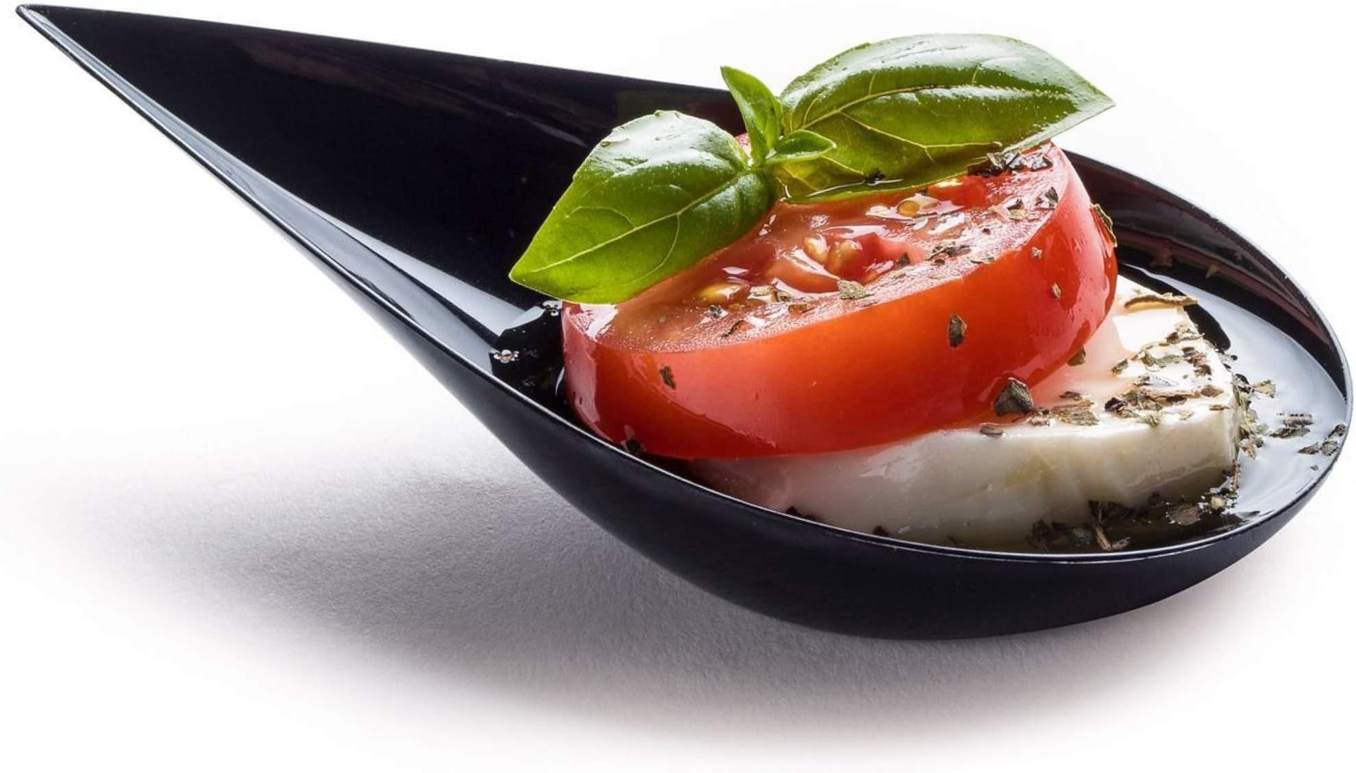 - 100 4-in Tear Drop Mini Appetizer Plates, Reusable Black Plastic Spoons - Desserts and Appetizers Dishes Serving Plate - Asian Spoon Set, Small Catering Dessert Tasting Cups - with Recipe Ebook