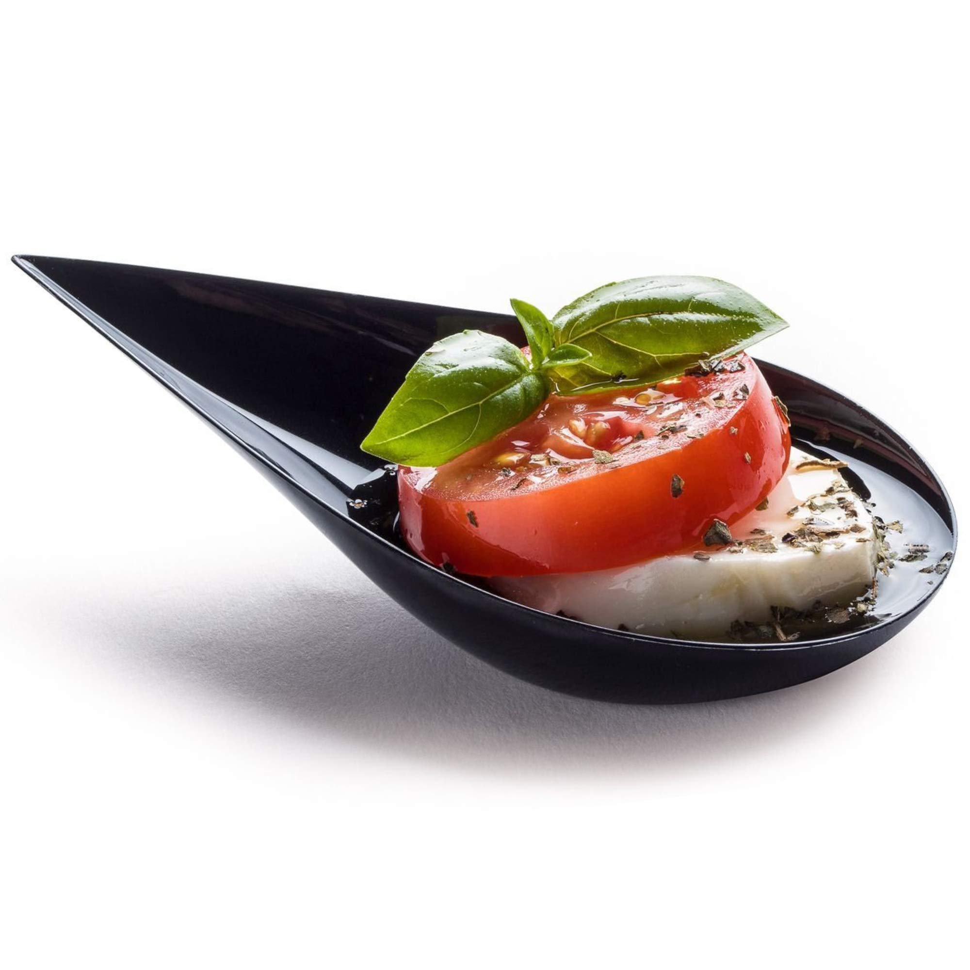 DLux 100 4-in Tear Drop Mini Appetizer Plates, Black Plastic Spoons - Desserts and Appetizers Dishes Serving Plate - Asian Spoon Set, Small Catering Dessert Tasting Cups - with Recipe Ebook