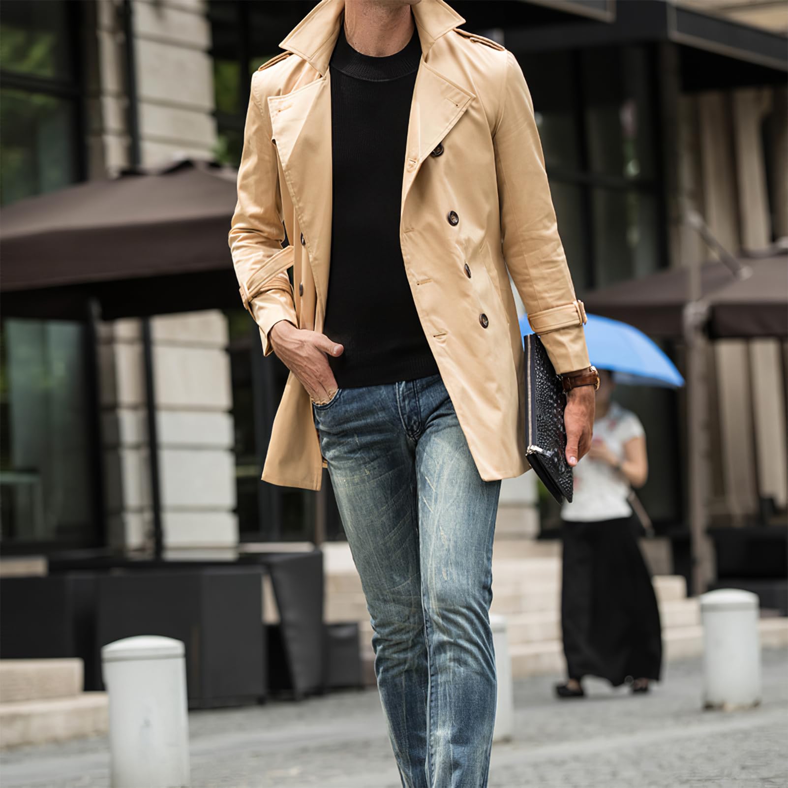 amropi Herren Trenchcoat Zweireihiger Revers Winddicht Mantel Windjacke mit Gürtel