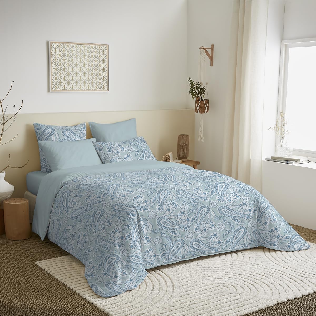 Parure housse de couette 6 pièces lit 160 x 200 cm cachemire bleu raffiné