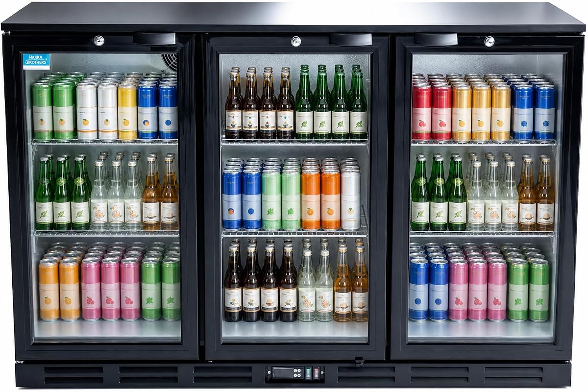 Hakka Enfriador de barra trasera de 53 pulgadas - Refrigerador de bebidas con 3 puertas de vidrio | Ahorro de energía, descongelación automática, ventilación frontal, aprobación ETL, estantes ajustables y luz LED para cerveza/refrescos/vino/espumoso
