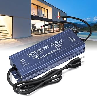 LED Driver 12V, BRIMETI LED Power Supply 200W Waterproof IP67 Transformer Adapter 110V AC to 12V DC Converter Low Voltage Output with 3-Prong Plug 3.3 Feet Cable for Outdoor Light Strip, 16,6 Amp