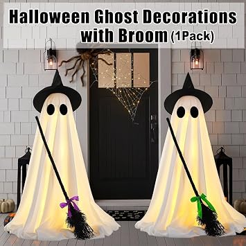 Halloween Decorations Indoor Outdoor, Spooky Ghost Halloween Decor with Witch Broom, Scary Ghosts Decor with LED Lights for Front Porche Yard Garden Home (1Pack)