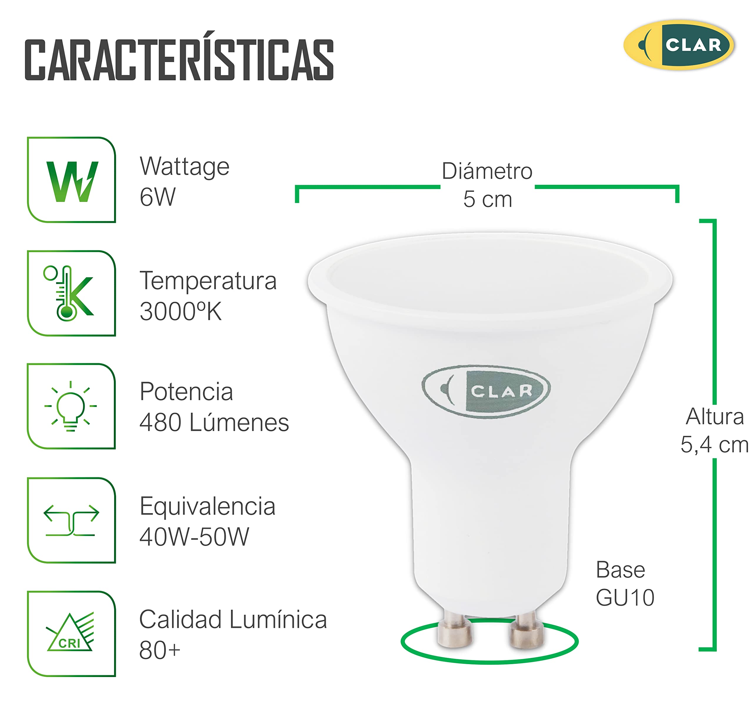 CLAR - 6W GU10 LED Bulb, GU10 LED Bulb, GU10 LED Spotlight, GU10 Warm White LED Bulb, GU10 Warm White LED Spot Light (Pack of 10) - Image 2