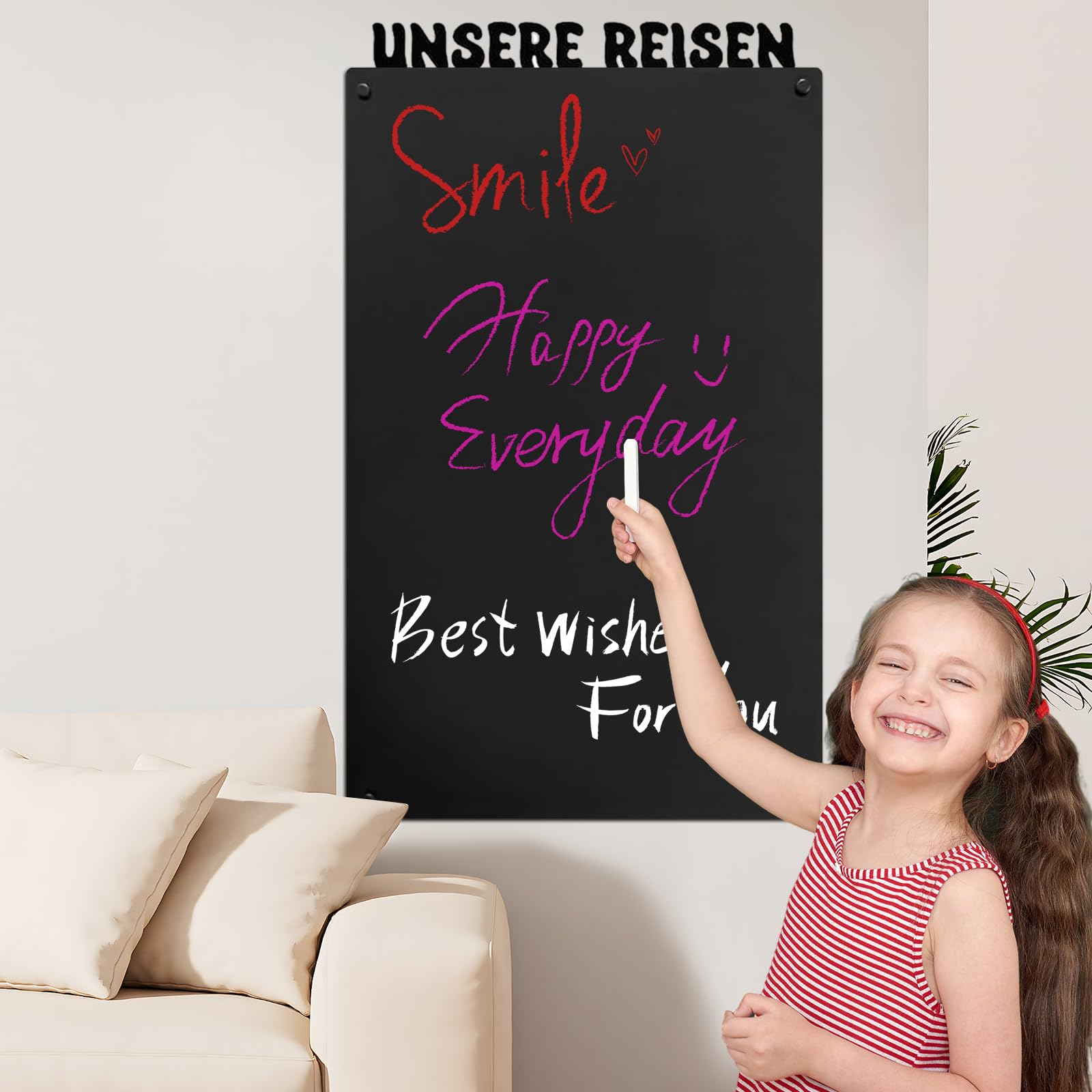 Magnettafel Schwarz 80×50 cm – Magnetwand/Pinnwand magnetisch für Küche, Büro & Kinderzimmer – Memoboard für Fotos, Notizen & Magnete ("UNSERE REISEN")