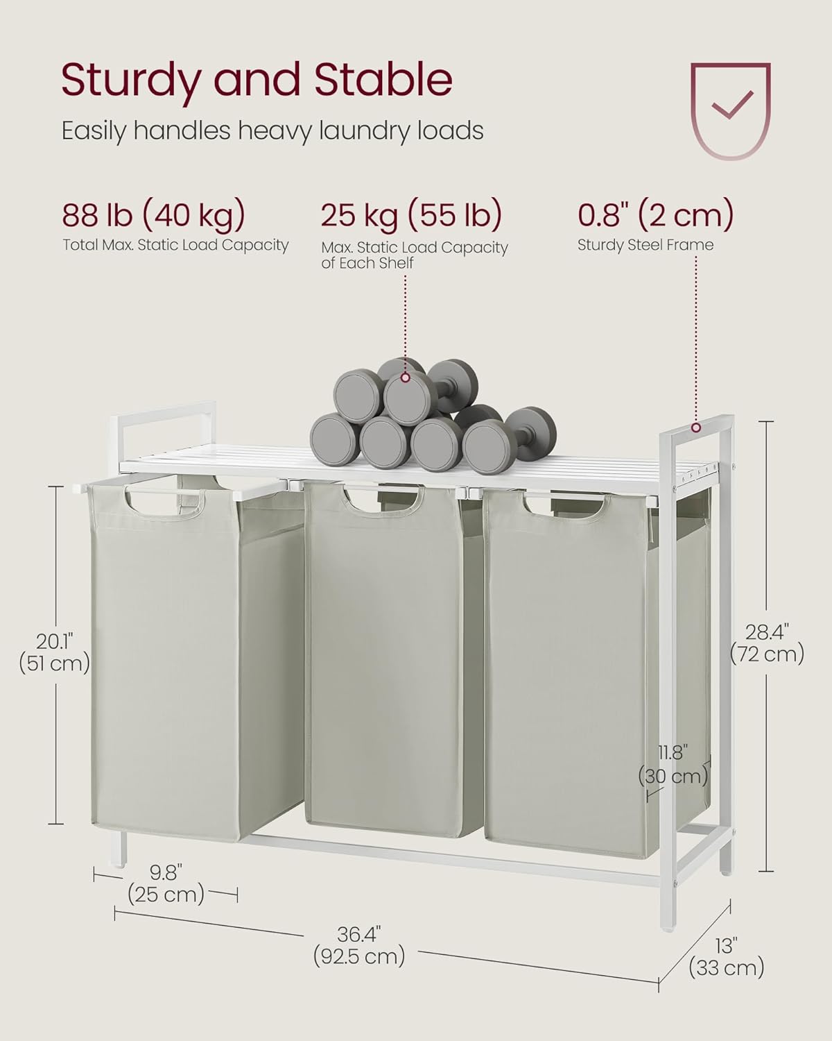 VASAGLE Laundry Hamper, Laundry Basket, Laundry Sorter with 3 Pull-Out and Removable Bags, Shelf, Metal Frame, 3 x 10.6 Gallons (40 L), 36.4 x 13 x 28.4 Inches, Cream White and Cloud White UBLH301W01