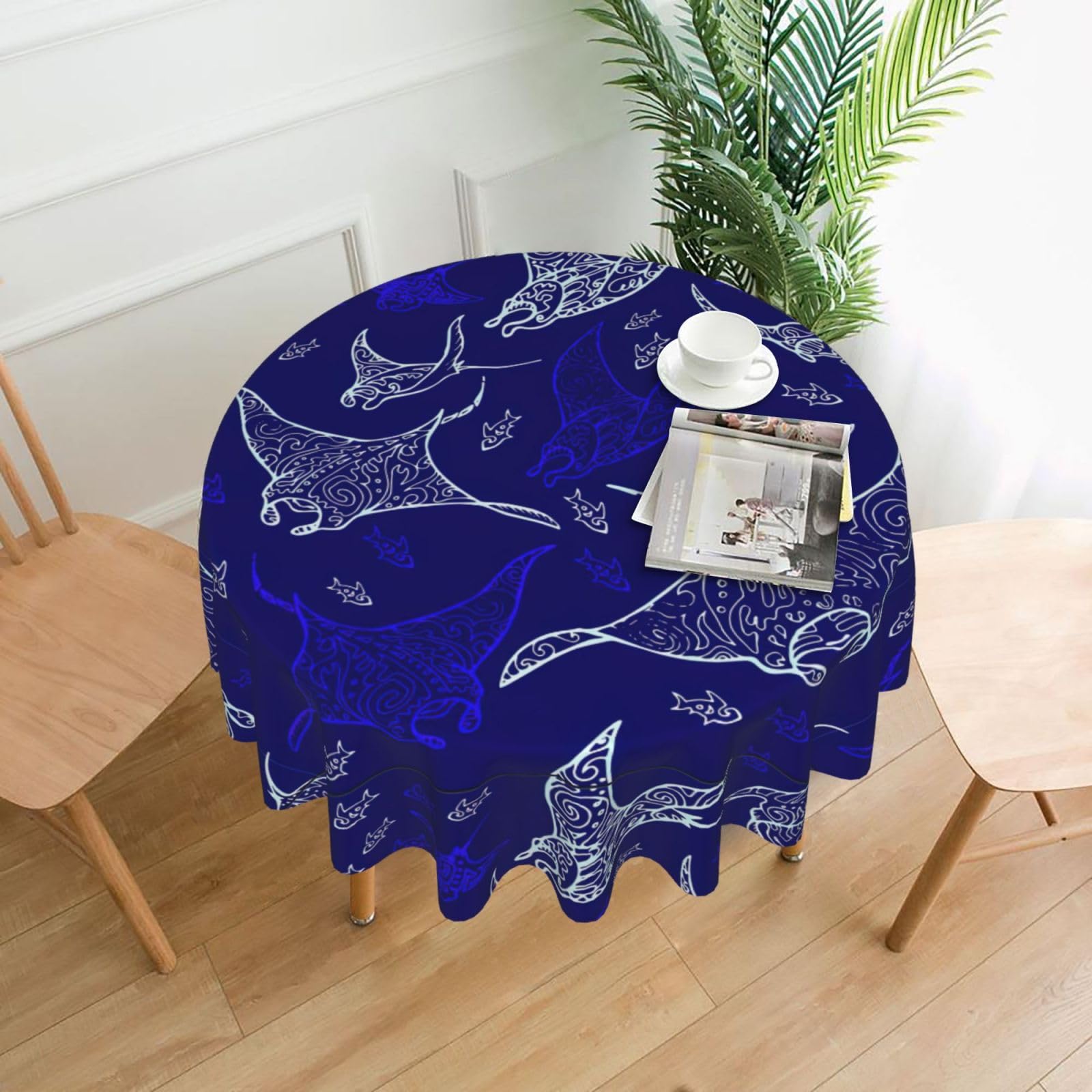 OKFSTY Manta Ray and Fish Print Round Tablecloth 60in for Wedding Elegant Polyester Cover for Party Reception Festive Dinner