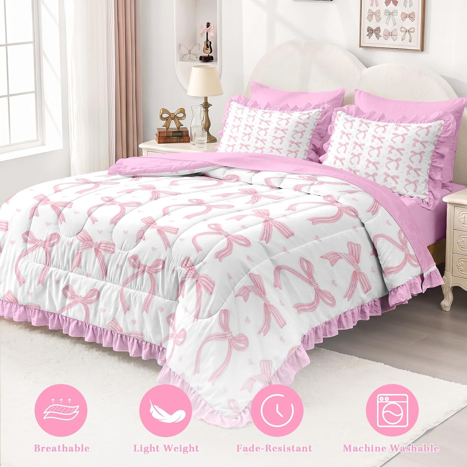 WeCozy Bow Comforter Set Twin Size, 5 Pieces Pink Ribbon Bow Ruffle Bedding Set for Girls, Bed in a Bag with 1 Ruffle Pillowcase & 1 Sham