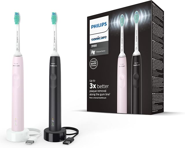Philips Sonicare 3100-2 x elektryczna szczoteczka soniczna, czarny i róża cukrowa 2 x główki szczoteczki C2 Optimal Plaque Defence (Model HX3675/15)