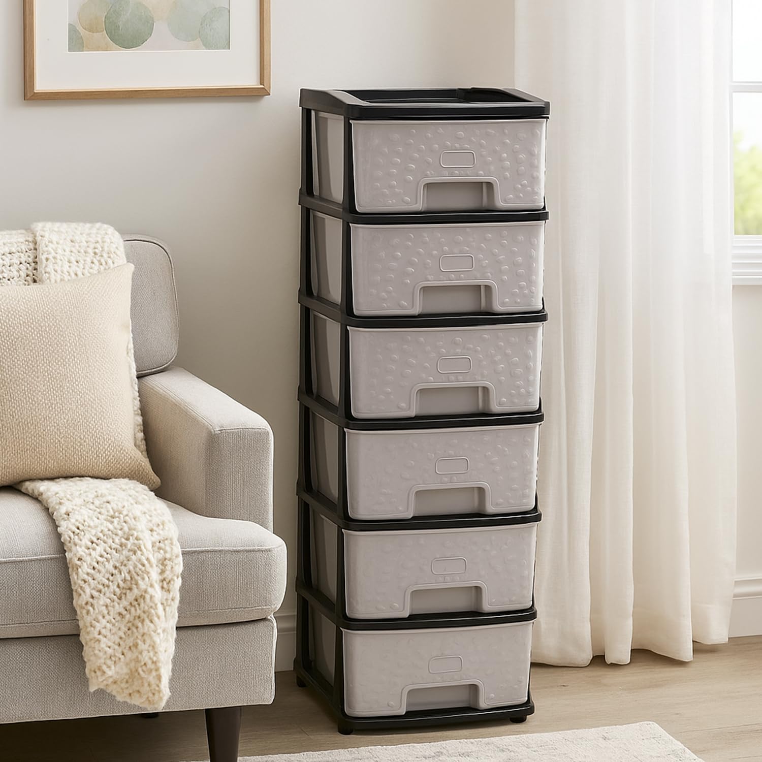 Amazon Basics Plastic 6 Rack Multipurpose Modular Drawer Storage Rack | Kitchen & Home Essentials Organizer Storage Box Cabinet | Almira Set for Stationary, Kitchen, Cosmetic | Black & Grey | 36D x 30W x 90H cms