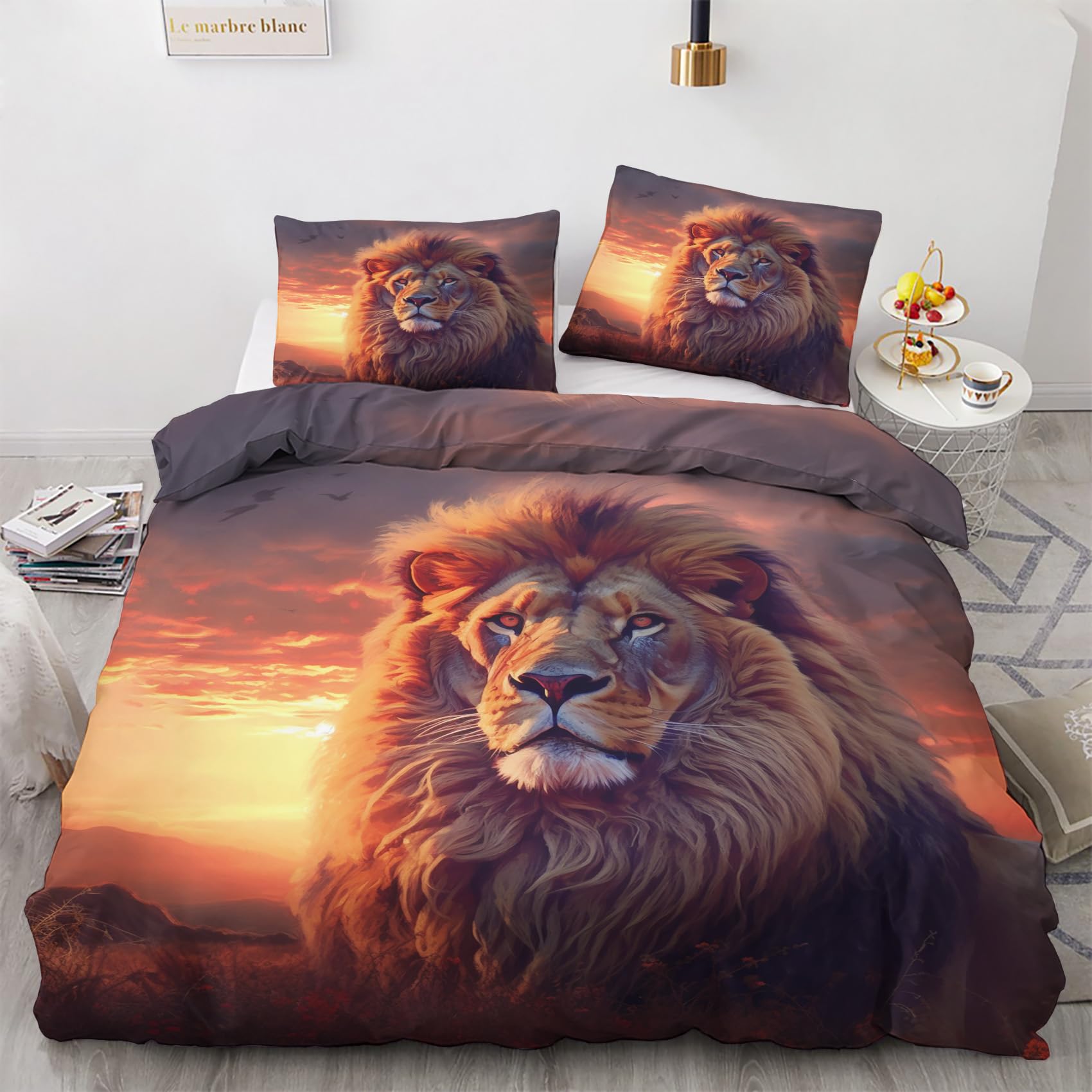 Löwe Bettwäsche 140x200 Winter - Wilde Tiere Bettbezug 140x200 2er Set, Wendebettwäsche und Kissenbezug 70x90, Weiche & Angenehme & Warme Mikrofaser Bettwäsche-Sets mit Reißverschluss