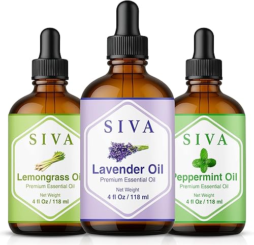 Siva - Paquete de aceite esencial de lavanda, menta y citronela, 4 onzas, súper ahorrador, juego de calidad premium para aromaterapia, masaje del