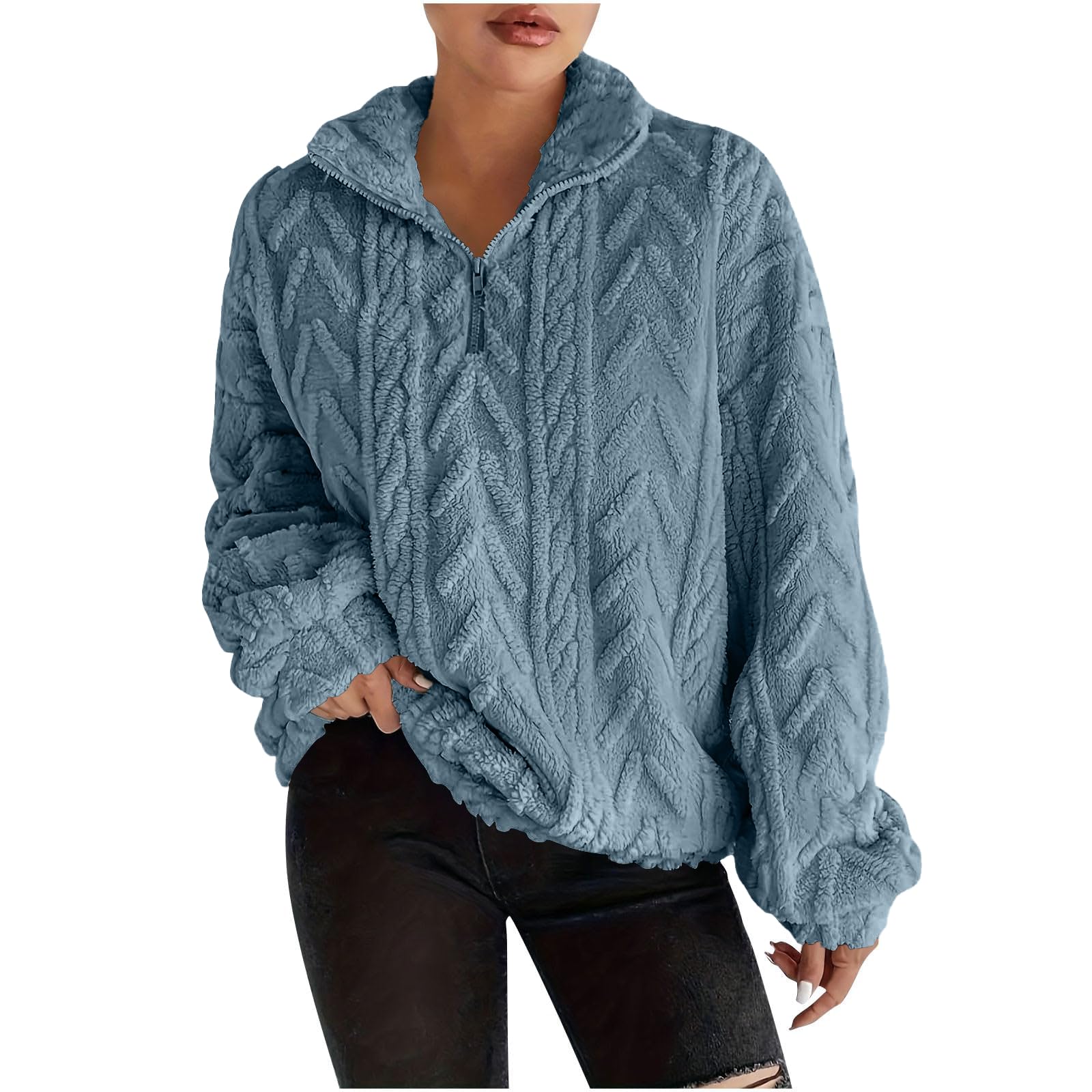 Pull Over Sweaters Womens Quarter Zip Fleece Warm Lapel Knitted Sweaters Cozy Long Sleeve Oversized Sweatshirts