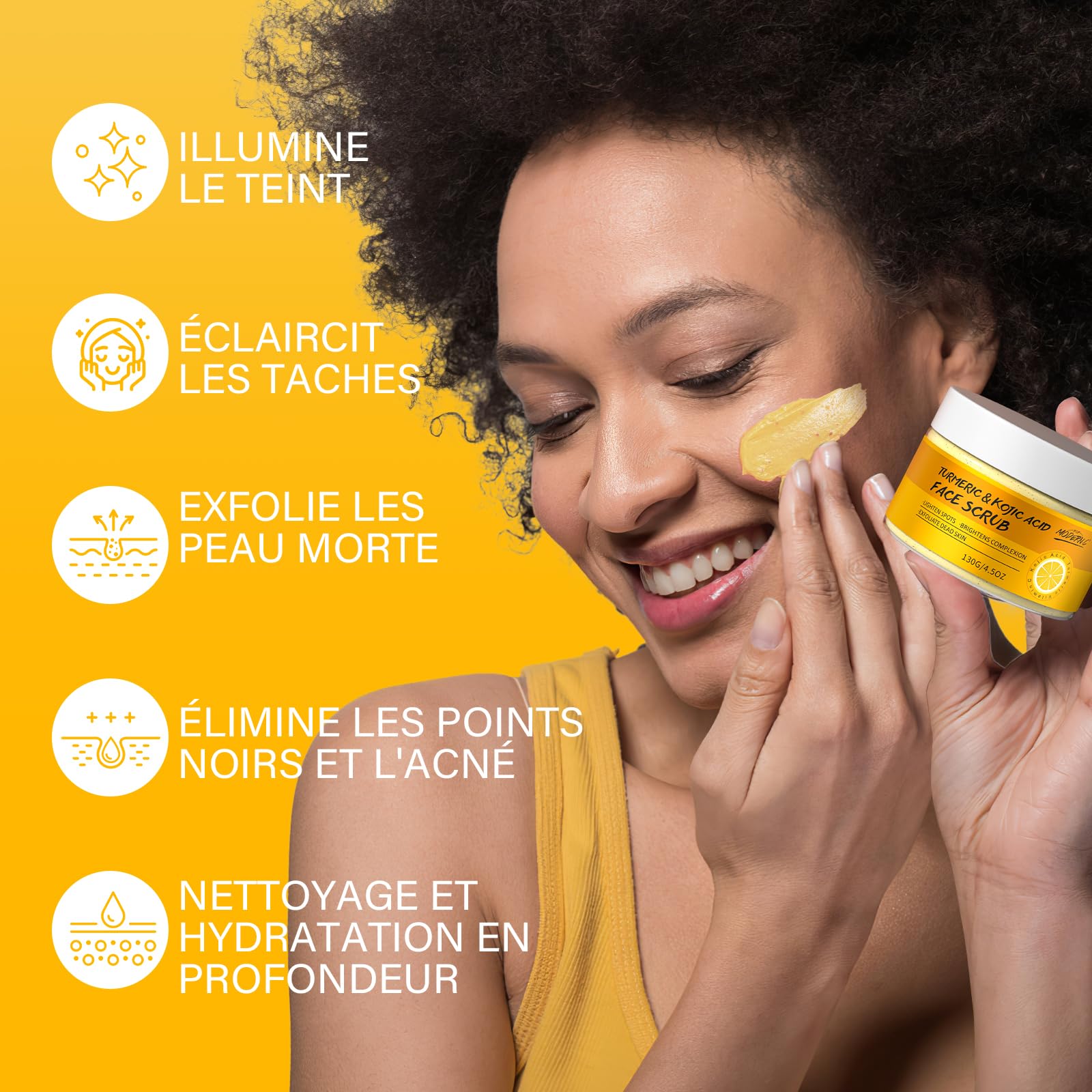 Gommage Visage à L'Acide Kojique, Gommage Visage au Curcuma, Exfoliant à la Vitamine C, AméLiore les Points Noirs et L'Acné, Convient aux Hommes et Aux Femmes, Cadeau FêTe des MèRes, 130g
