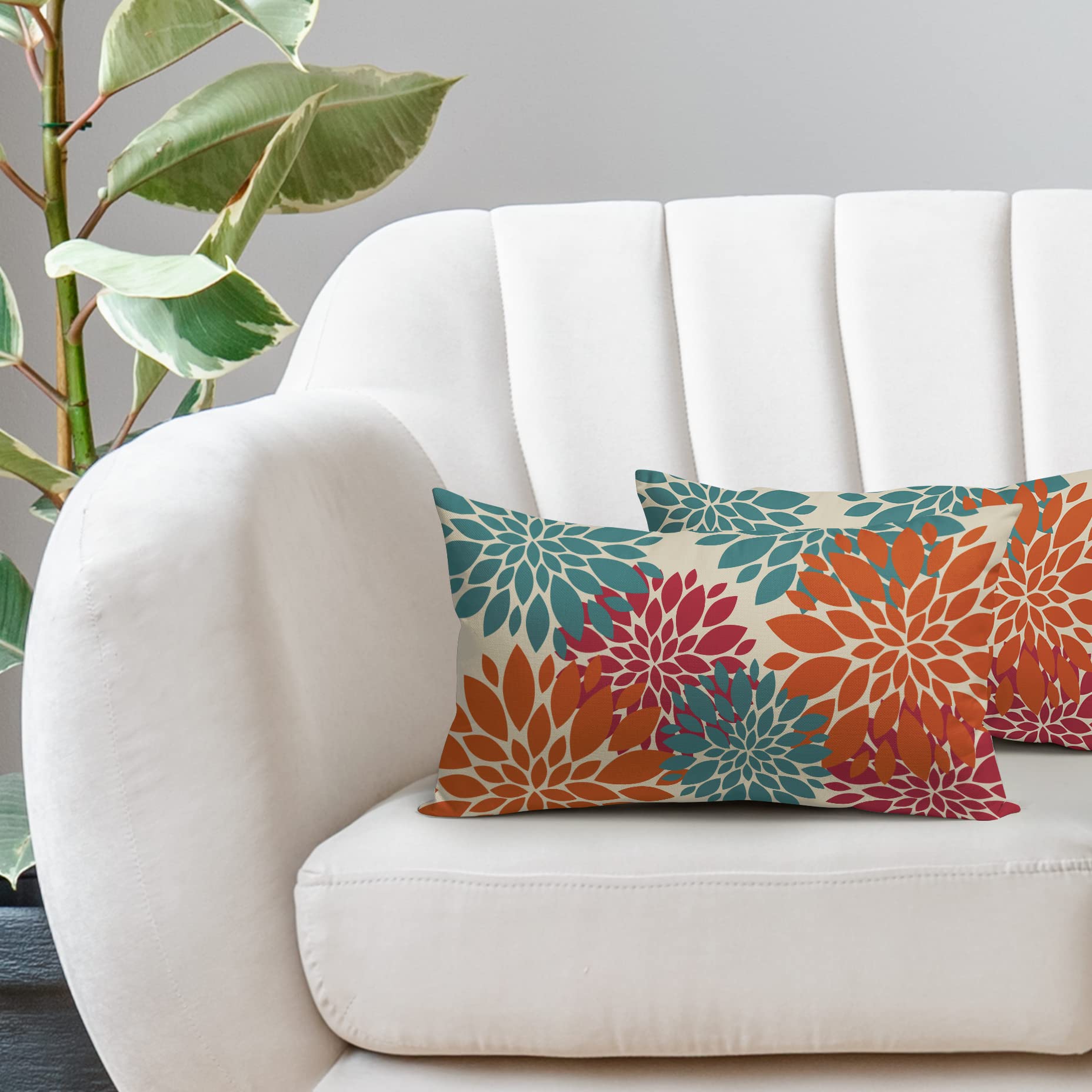 CXMEIFLY Teal Floral Pillow Covers 12x20 Inch Set Of 2 | Dahlia Pattern Throw Pillow Cases For Sofa Bed - View #2