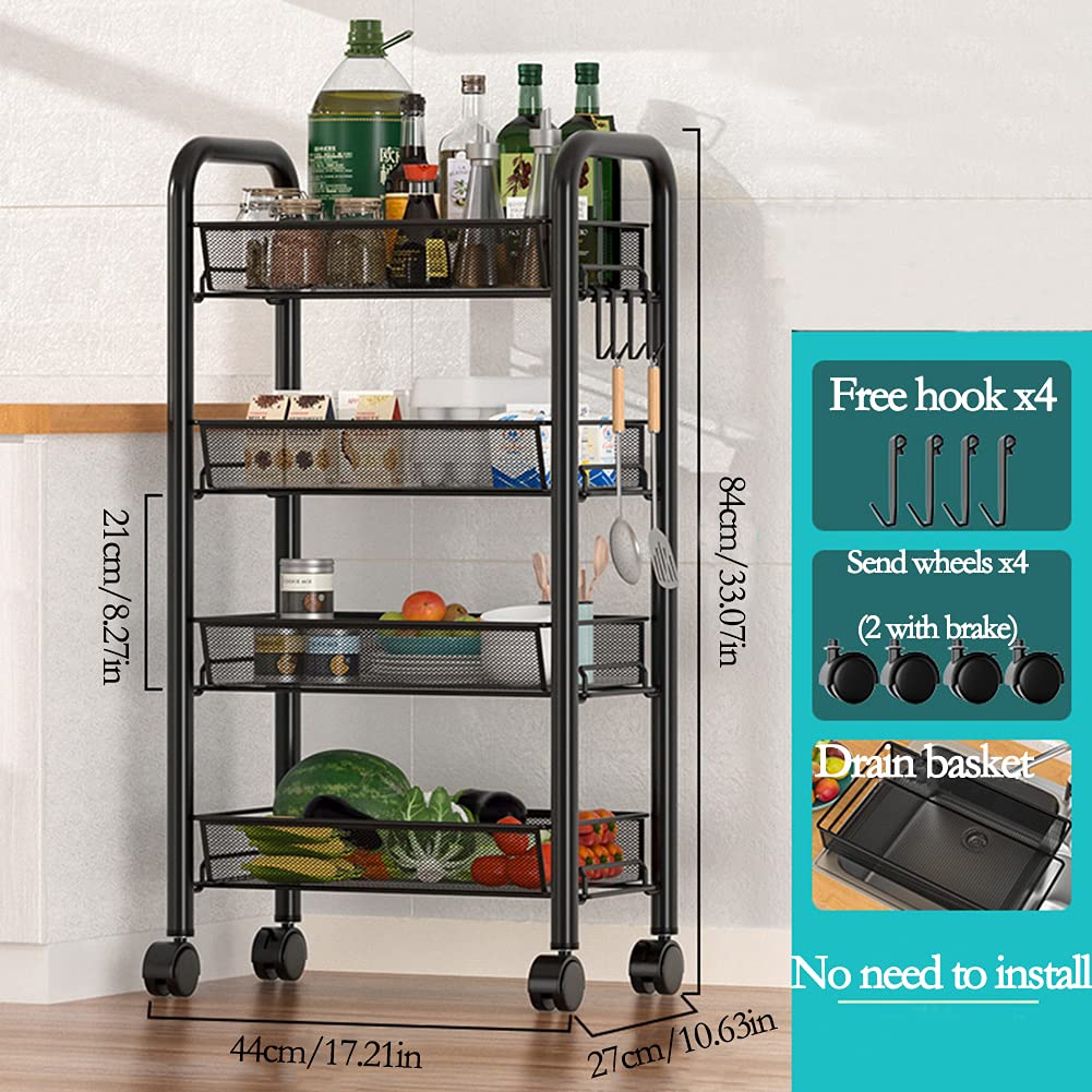 Carrello Girevole di Rete Metallica a 4 Ripiani, Scaffale con Ruote, Carrello Portaoggetti con 4 Ganci e 4 Cestelli in filo Rimovibili, Carrello Portaoggetti Organizzatore per Cucina, Soggiorno, Bag