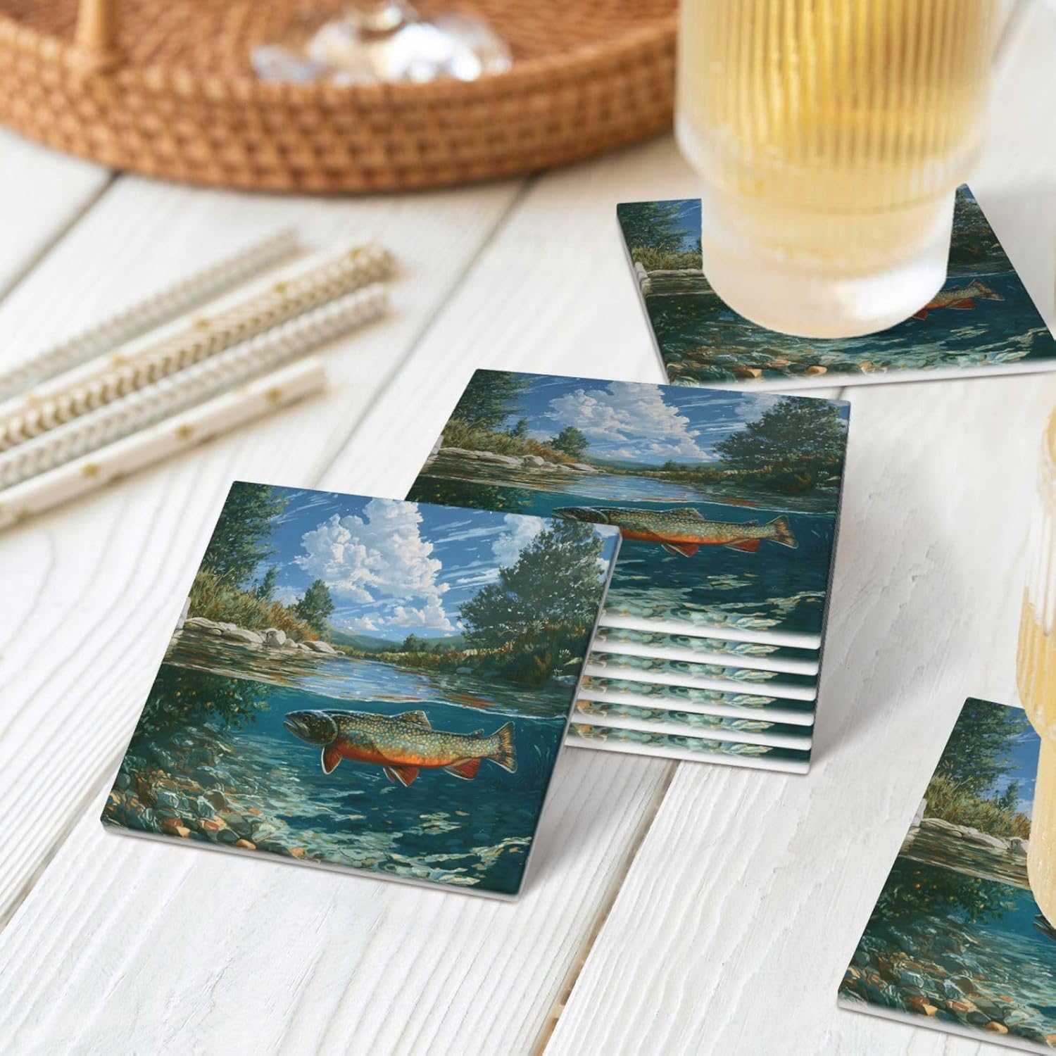 (Brook Trout Fly Fishing) Ceramic Coasters Set of 6 with Holder Non-Slip Square Coffee Coasters for for Cup Mug Drink Patio Coffee Table Decor, Christmas Coasters Home Bar Supplies