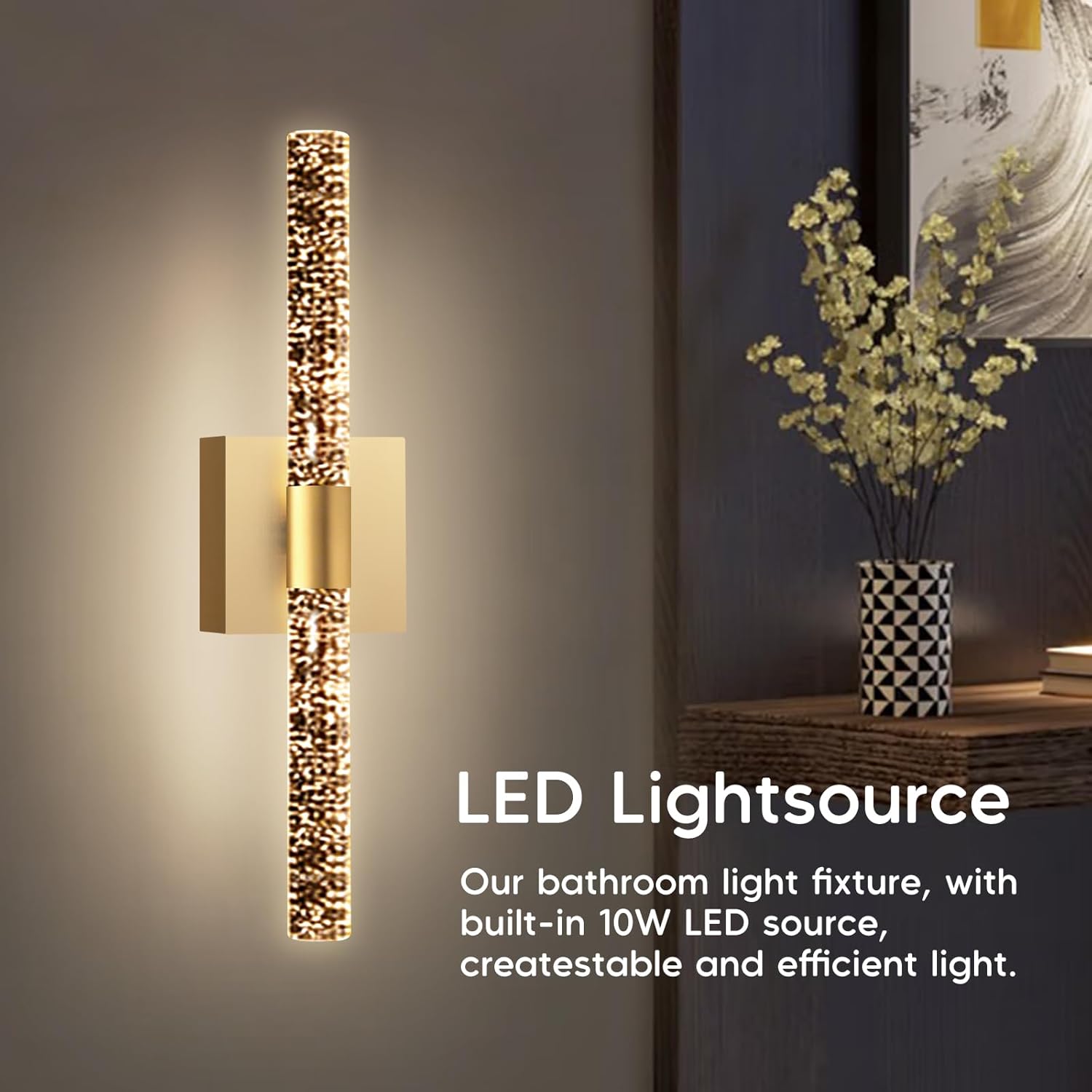 10000mAh Battery Operated Wall Sconce Set of Two,16.9 Inch Rechargeable Modern Crystal Bathroom Sconces,LED Wall Sconce, 3000K-6000K Dimmable Wall Lights (Gold)