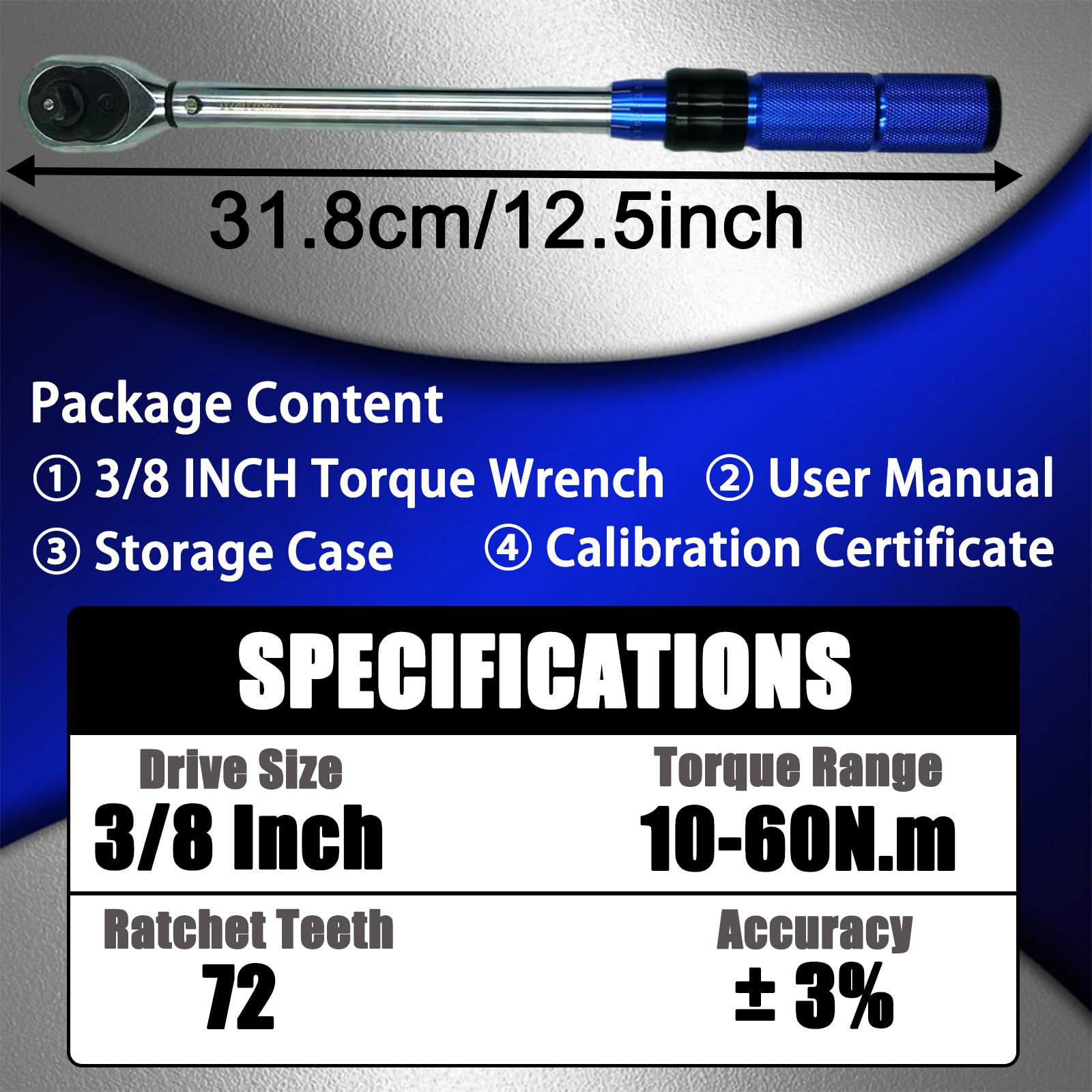 RELIABLESLING 3/8 Inch Drive Torque Wrench, 10-60N.m, Preset Click Torque Wrench, Dual-direction Head, Car Spark Plug Replacement Tool for Vehicle Maintenance