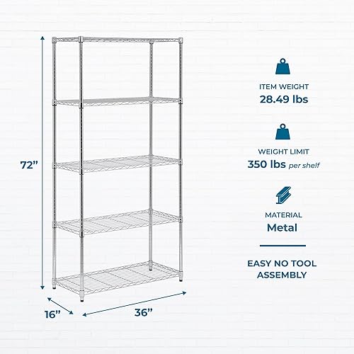 Miniatura 3 de Honey-Can-Do Estantes ajustables de 5 niveles resistentes, estante de almacenamiento de metal con capacidad de 350 lb, cromado, 16 pulgadas de ancho