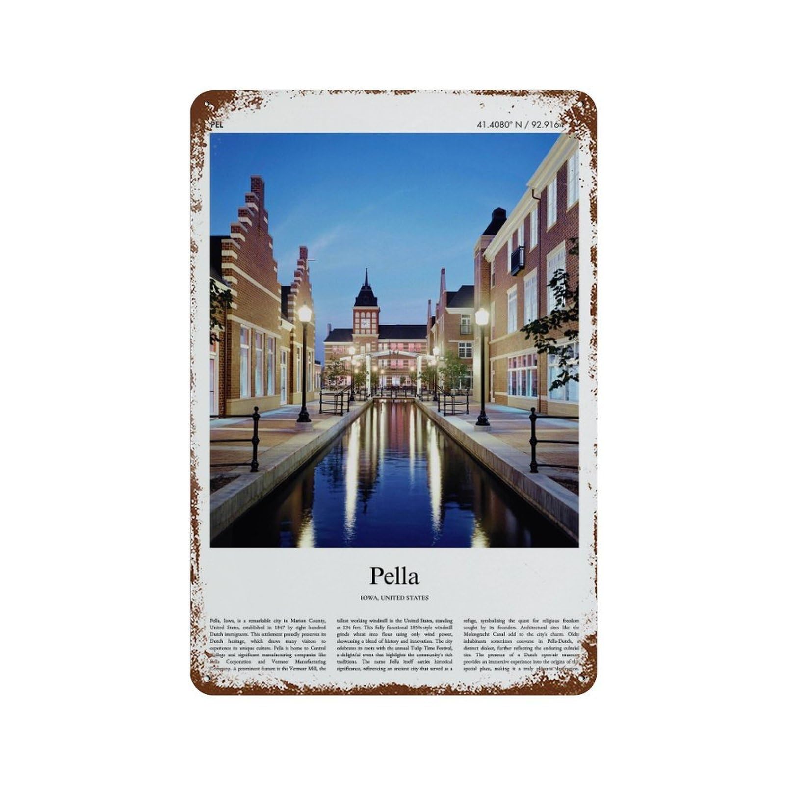 xiaoxiaoshen Pella Iowa, United States, USA City Scenery Wall Decor Art Metal Tin Poster Modern Home Decor Art Home Bar Shop Decorations Vintage Sign 30x20cm