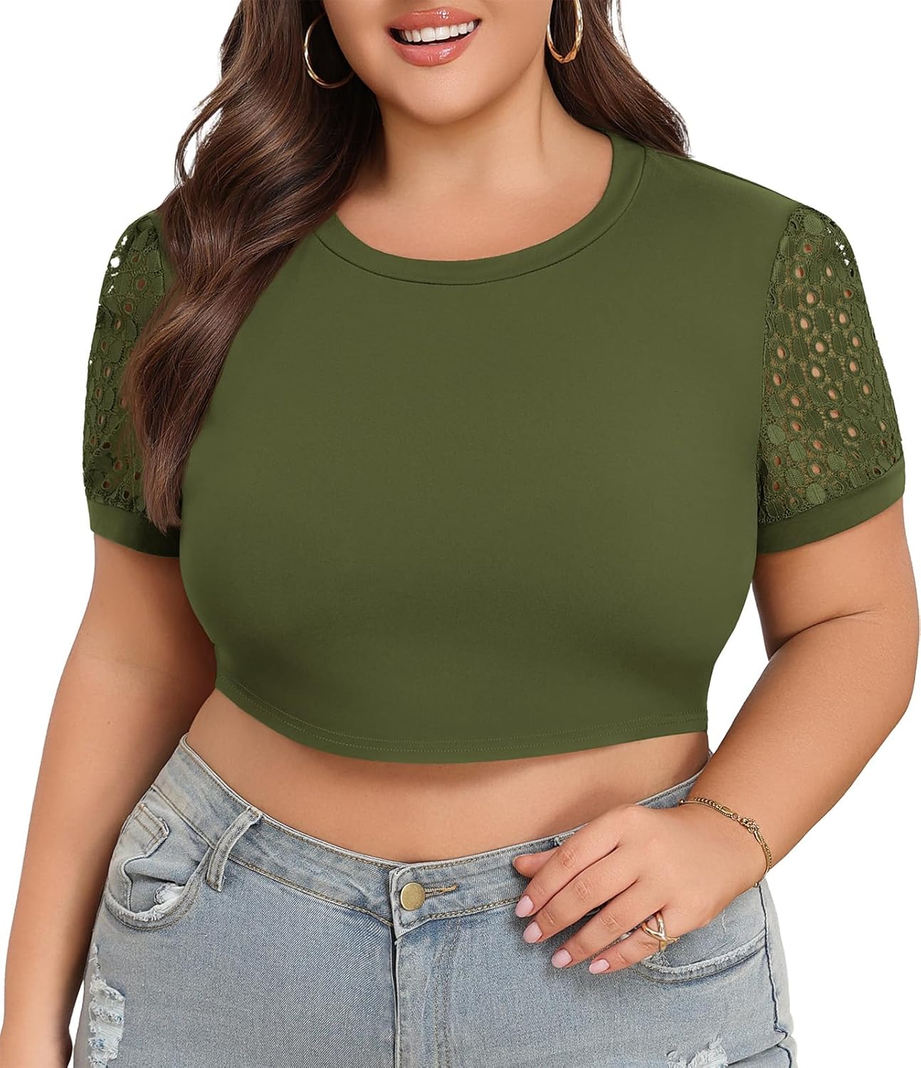Lastshe Womens Plus Size Crop Tops Summer Trendy Basic Workout Tshirts Lace Short Sleeve Cute Cropped Athletic Tee - Image 2