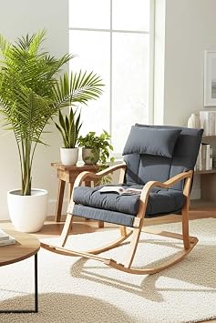 Reyo Pasha Wooden Rocking Chair, Cushioned with Removable Cover, Rest Chair with Neck Pillow Smoked Breastfeeding Chair