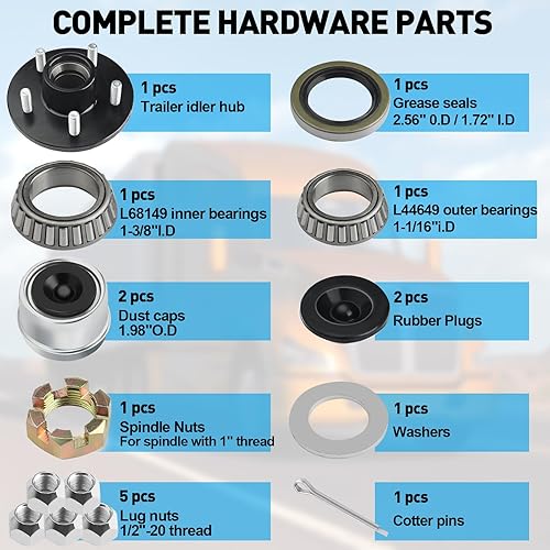 Miniatura 2 de Kits de buje loco de remolque para remolque de 3500 libras de eje de 1-116 a 1-38 pulgadas, cubo de remolque de 5 lengüetas con kit de rodamientos